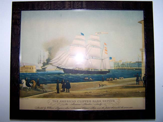 An early 20th century reprint of a painting of the American Clipper Ship "ZEPHYR" in Messina Harbor, Sicily, circa 1842.